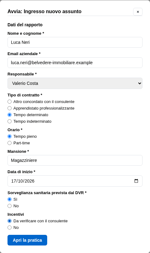 La form di apertura compilata con i dati del rapporto