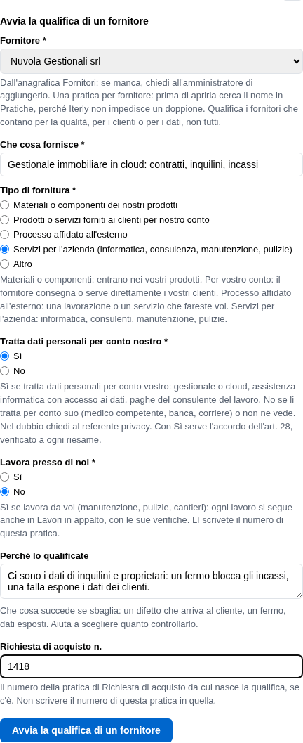 La form di avvio con fornitore, oggetto, tipo di fornitura, dati e sede