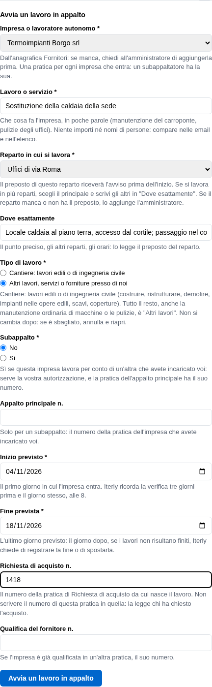 La form di avvio con impresa, lavoro, reparto, luogo, tipo, subappalto e date