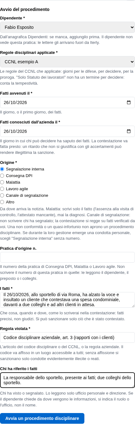 La form di avvio con il dipendente, le regole, le date, l'origine, i fatti e la regola violata