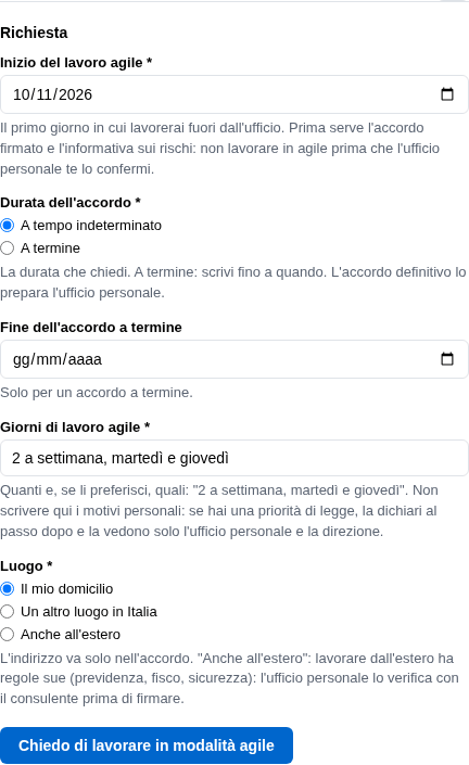 La form della richiesta con l'inizio, la durata, i giorni e il luogo