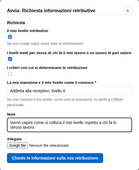 La form di richiesta con le tre cose che si possono chiedere, la mansione e le note