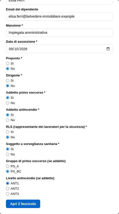 La form di apertura compilata con i dati e gli incarichi di Elisa