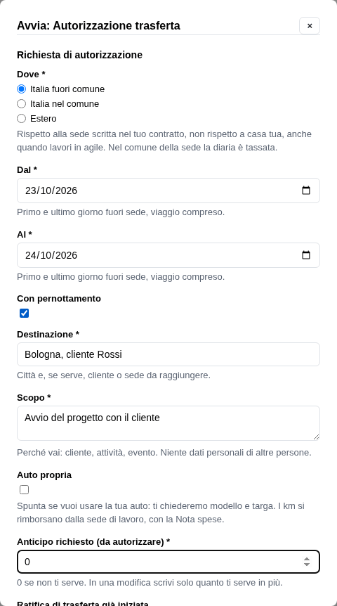 La richiesta compilata: fuori comune, due giorni, con pernottamento