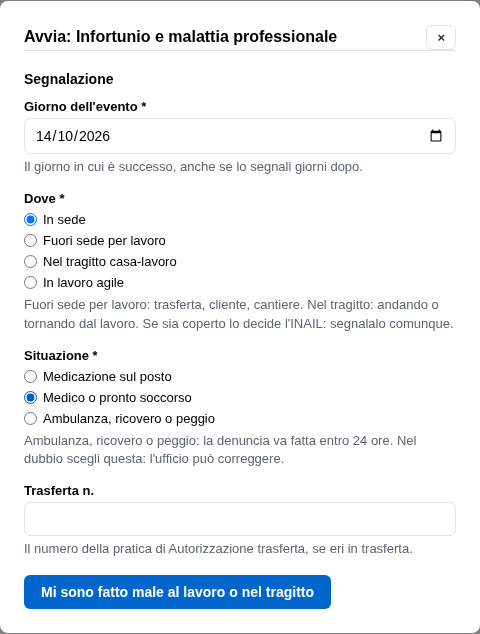 La form di segnalazione con giorno, luogo e situazione