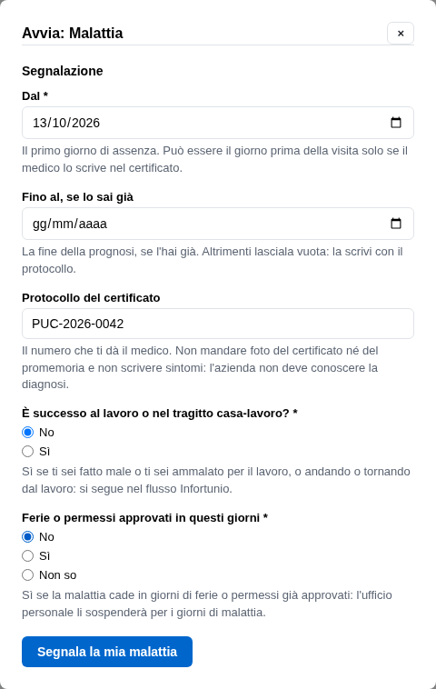 La form di segnalazione con date, protocollo e due domande