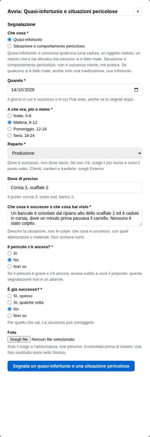 La form di segnalazione con gli aiuti sotto ogni campo