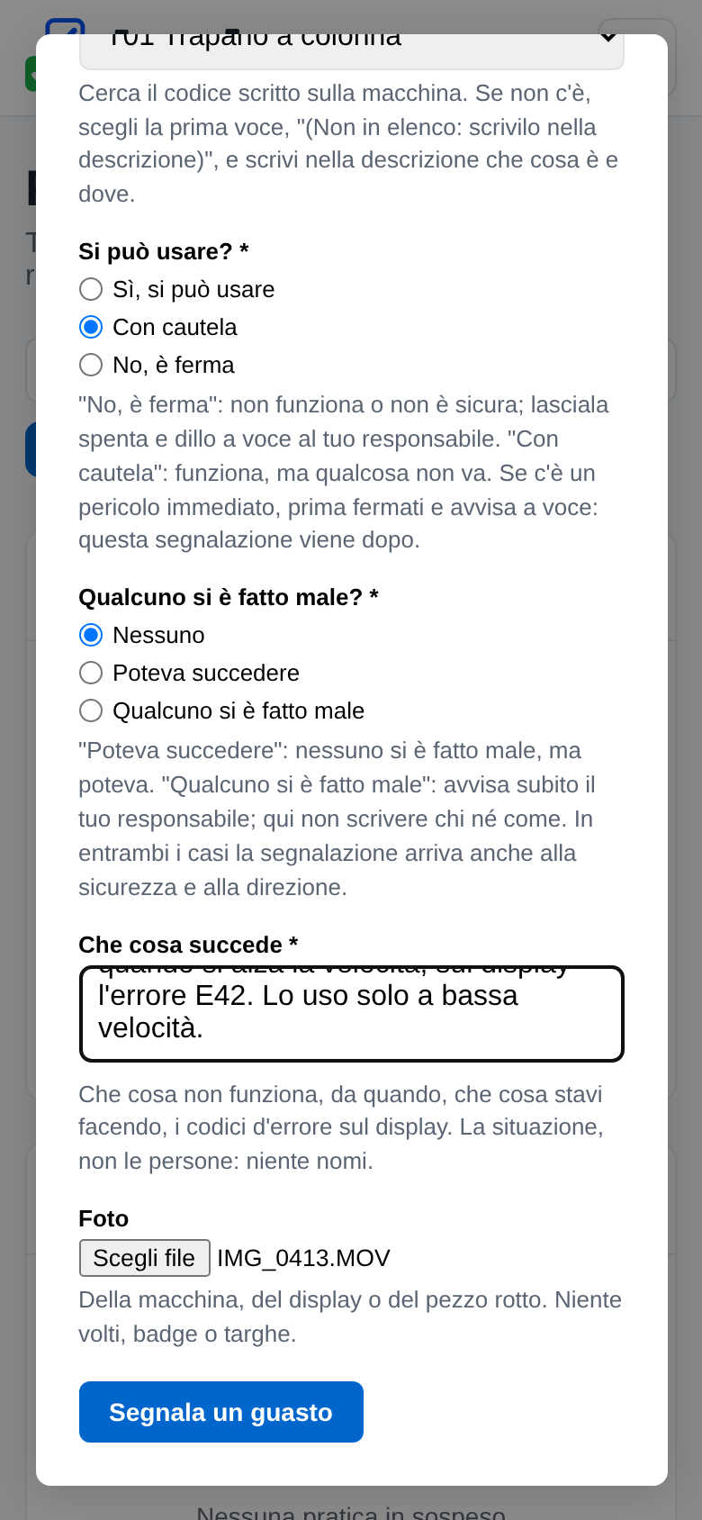 La segnalazione compilata con un video scelto per sbaglio