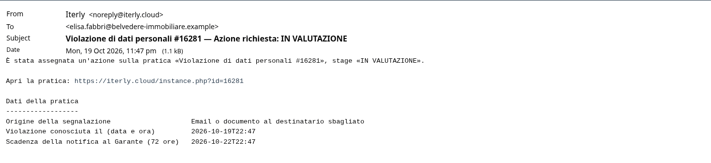 L'email di assegnazione a Elisa con la tabella dei dati
