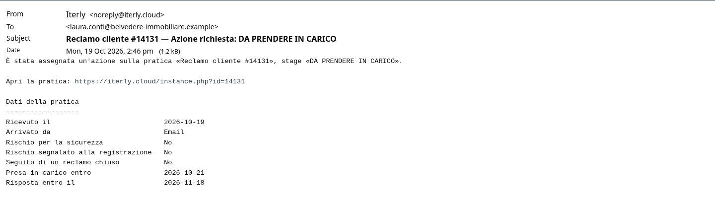 L'email di DA PRENDERE IN CARICO a Laura Conti con le variabili della pratica