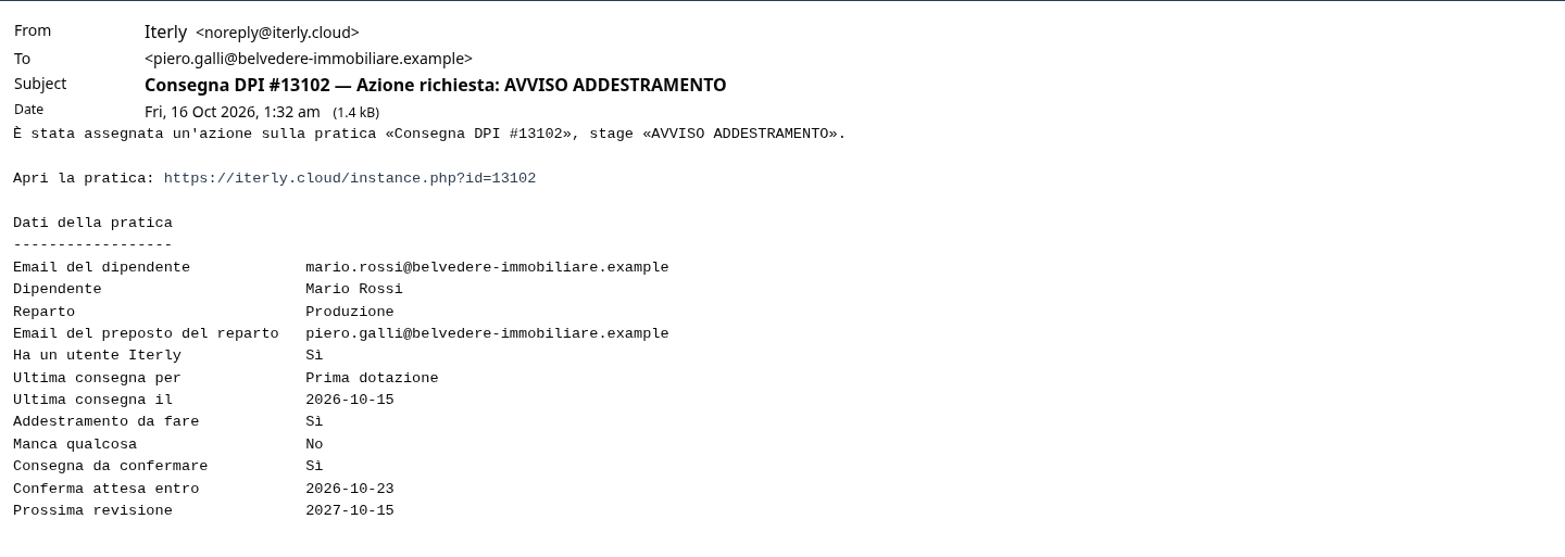L'email di AVVISO ADDESTRAMENTO al preposto del reparto