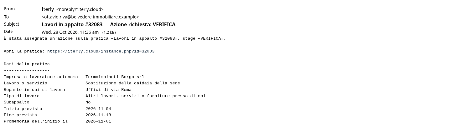 L'email di VERIFICA a Ottavio con i dati della pratica