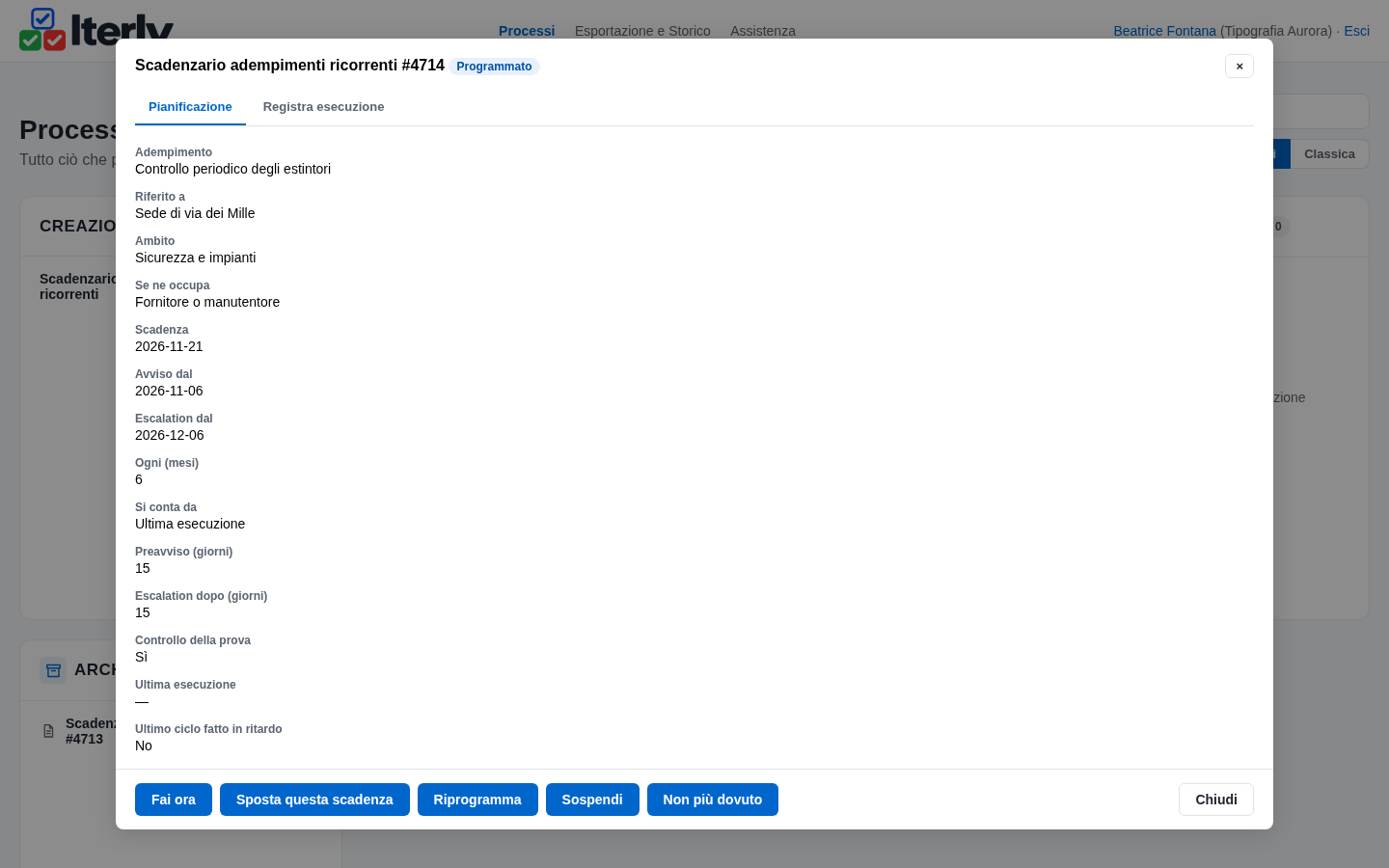 La pratica degli estintori in Programmato, con la pianificazione copiata dal catalogo