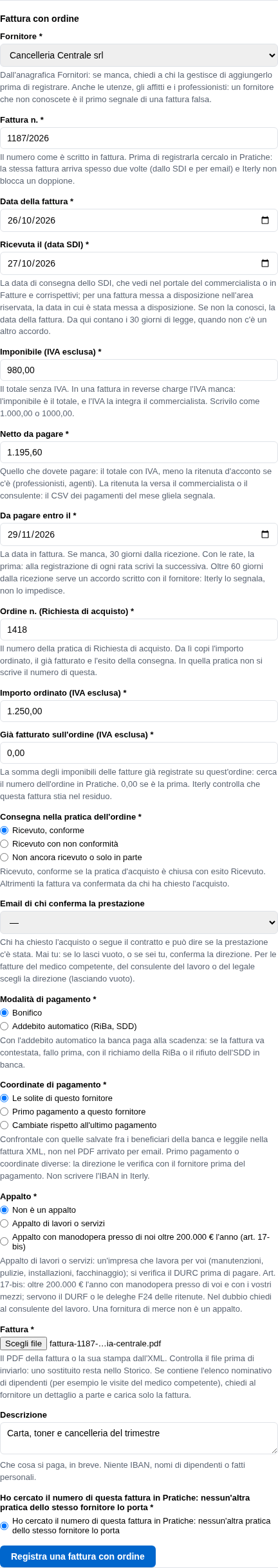 La form della fattura con ordine, compilata