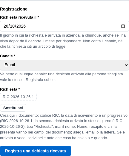 La form di registrazione con data, canale e documento