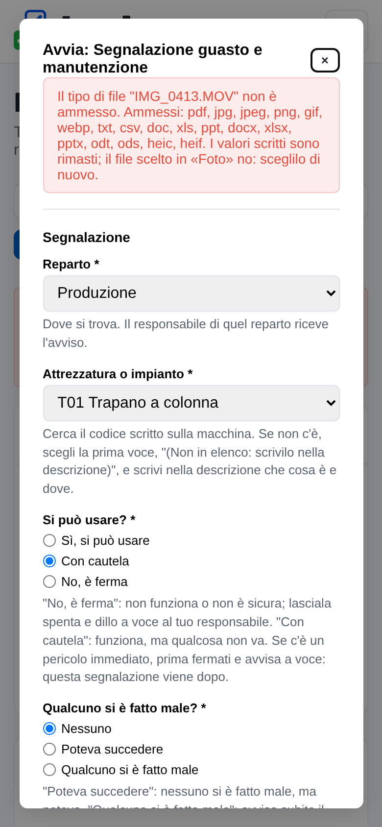 Il messaggio di rifiuto del video e i campi ancora compilati