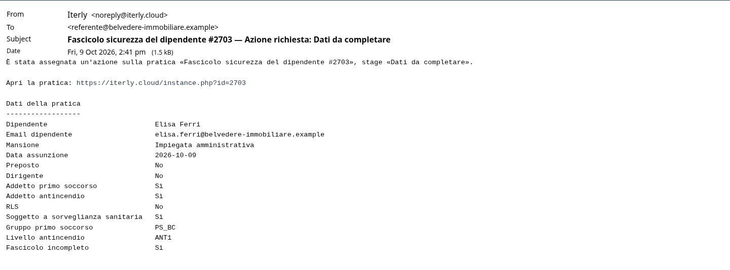 La mail al referente per il fascicolo da completare