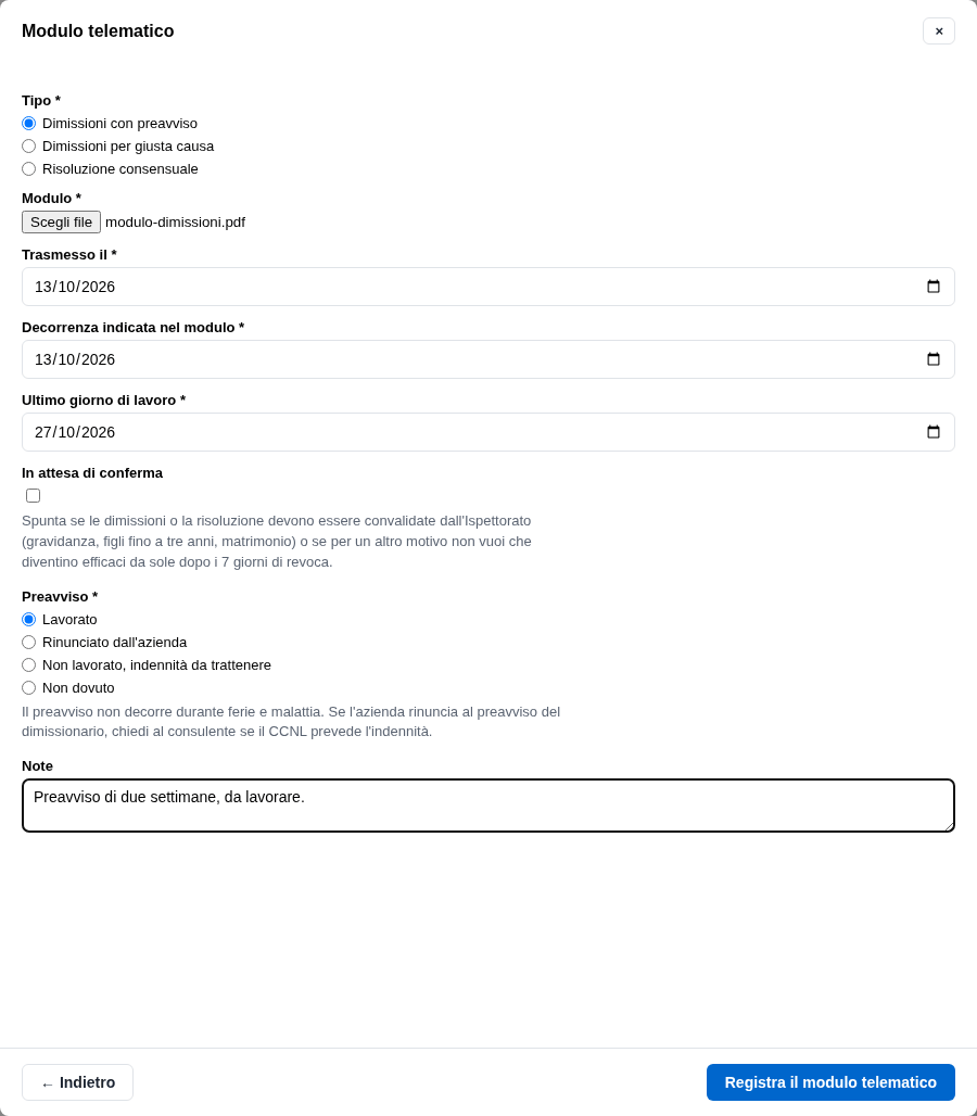 La form del modulo telematico con allegato, date e preavviso