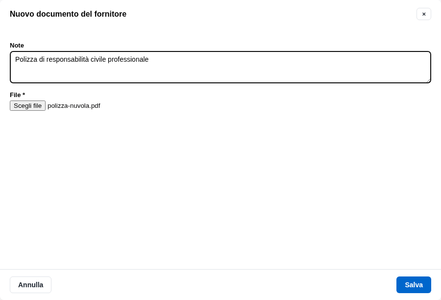 La finestra del nuovo documento con nota e file
