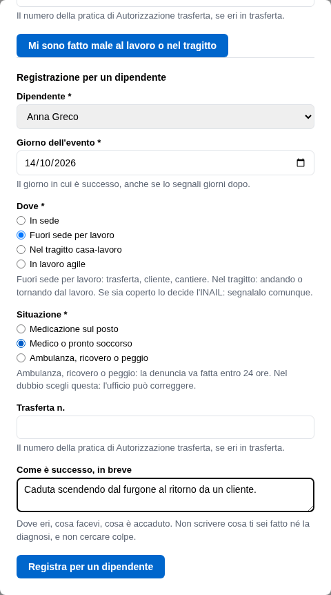 La form di registrazione per un dipendente