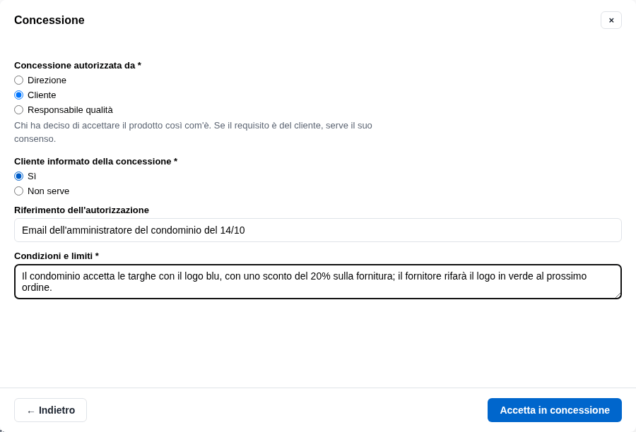 La form della concessione con chi l'ha autorizzata e il cliente informato