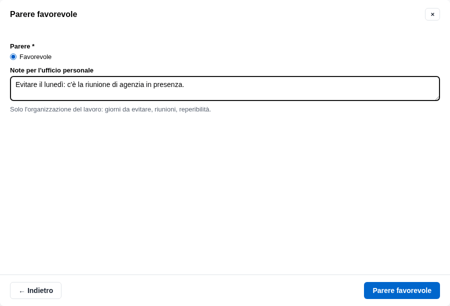 La form del parere favorevole con le note per l'ufficio personale