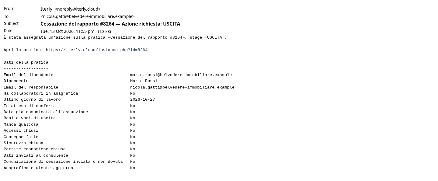 L'email al responsabile con i dati della pratica, senza il percorso
