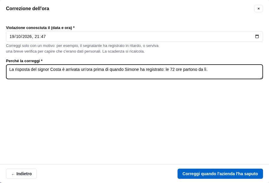 La form di correzione dell'ora con il motivo