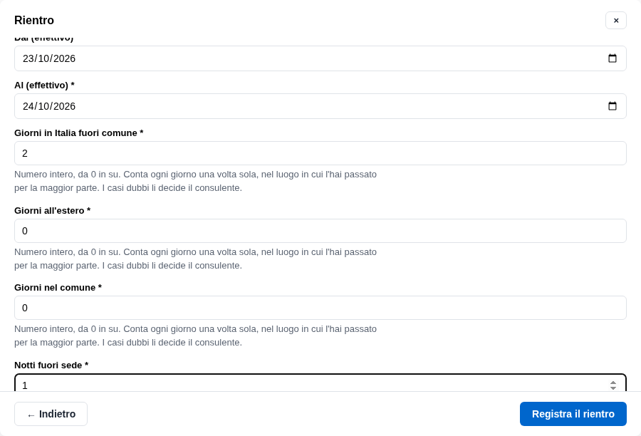 La form del rientro con le date effettive e i giorni per ambito