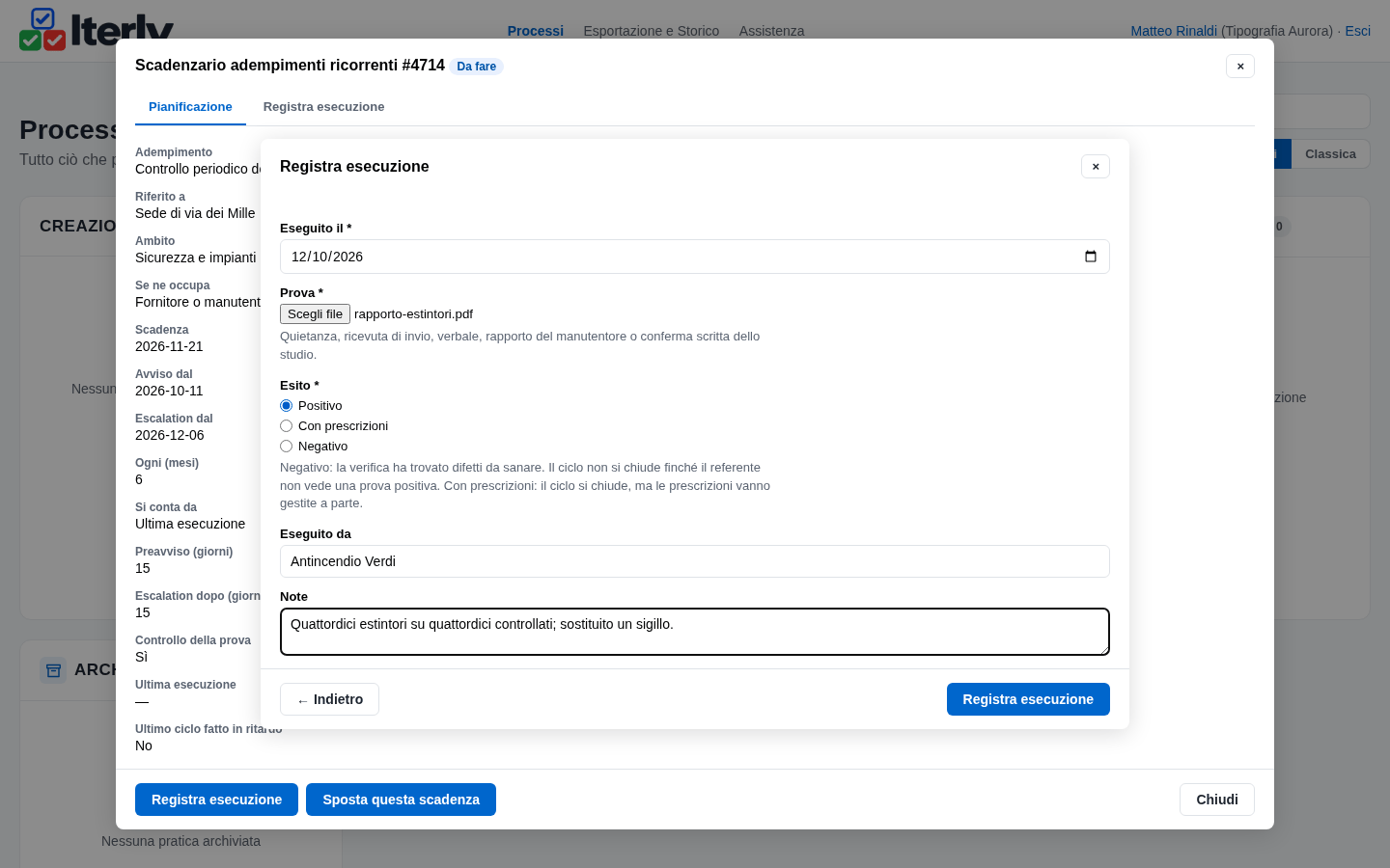 La form di registrazione dell'esecuzione con data, prova, esito e note