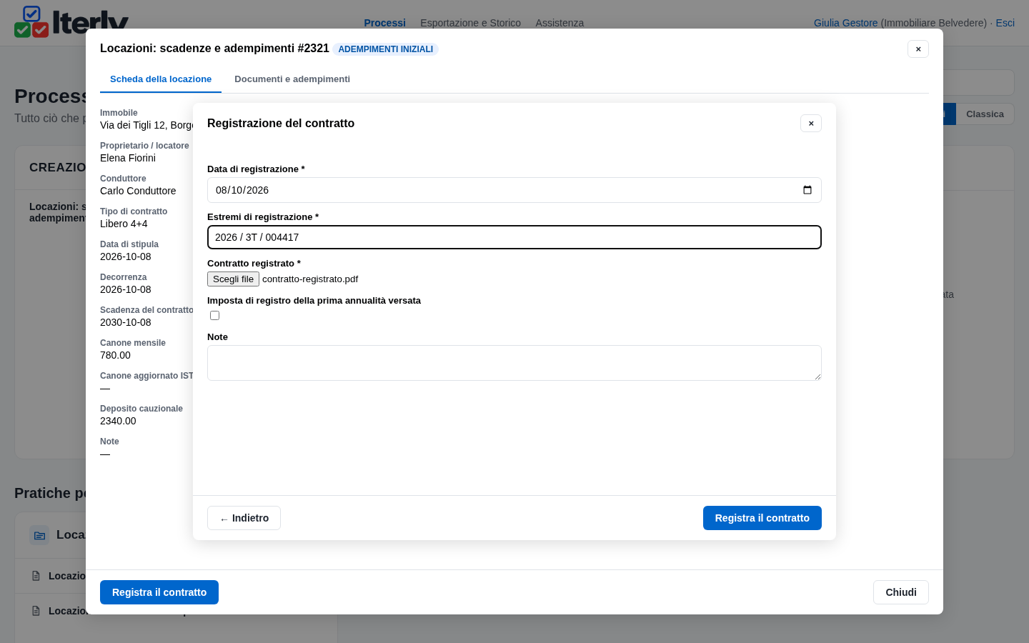 La form di registrazione del contratto compilata