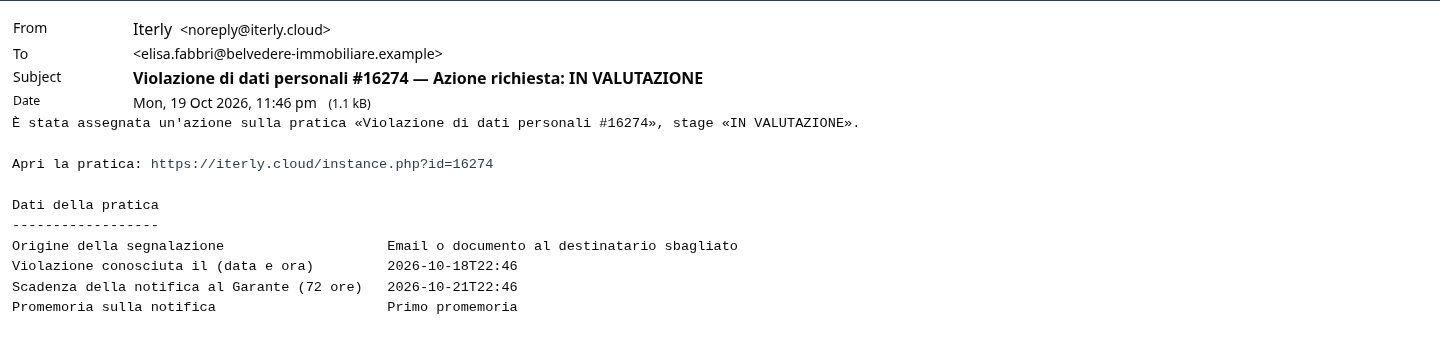 L'email del primo promemoria con la riga «Primo promemoria»