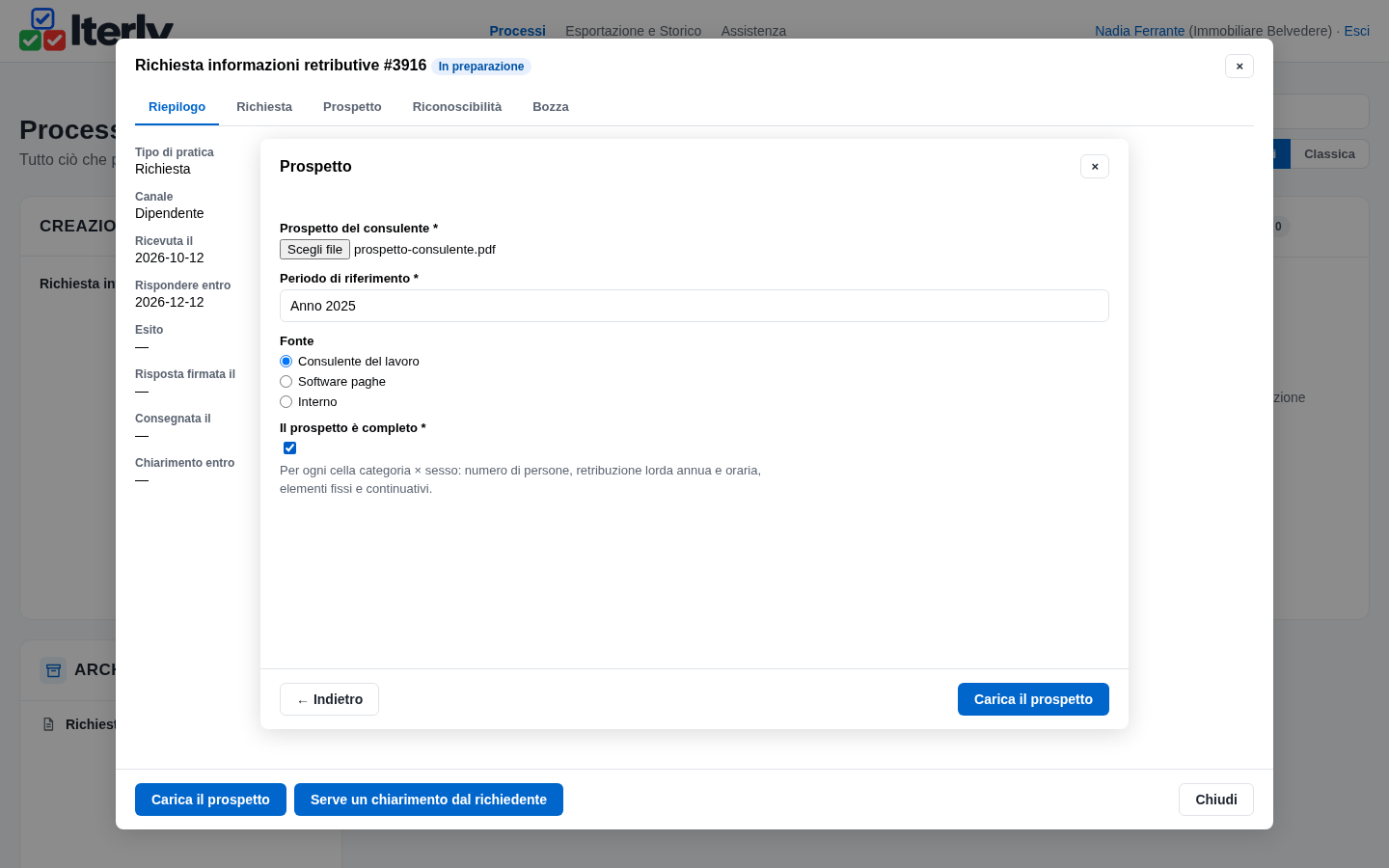 La form del prospetto con file, periodo, fonte e la casella di completezza