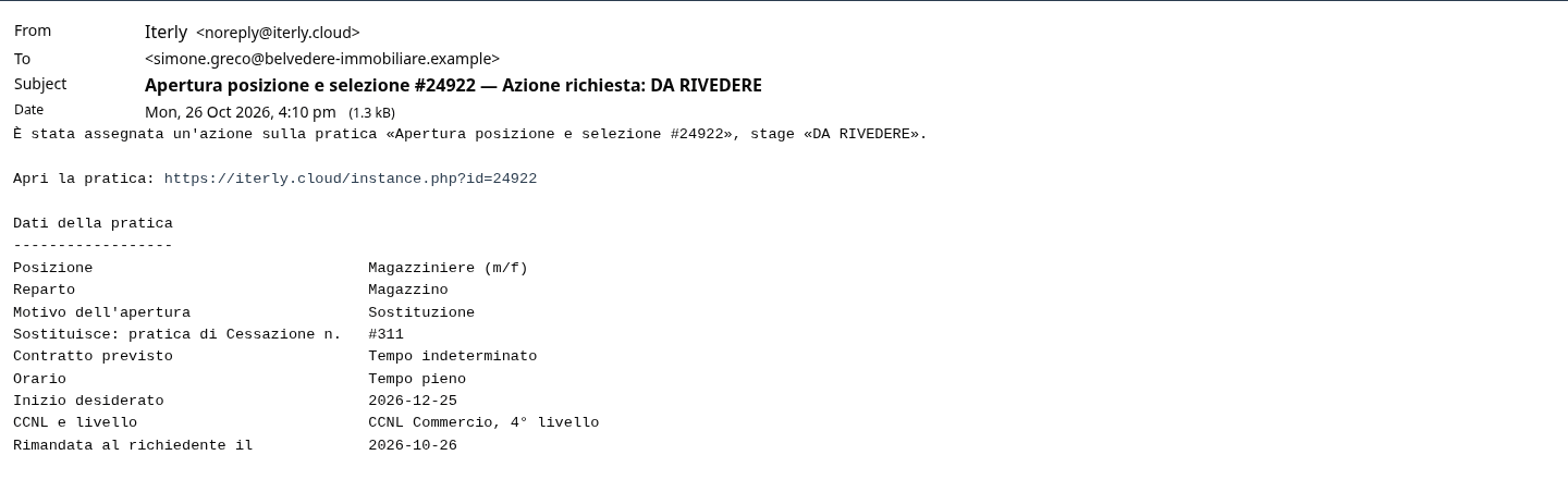 L'email al richiedente per la richiesta da rivedere
