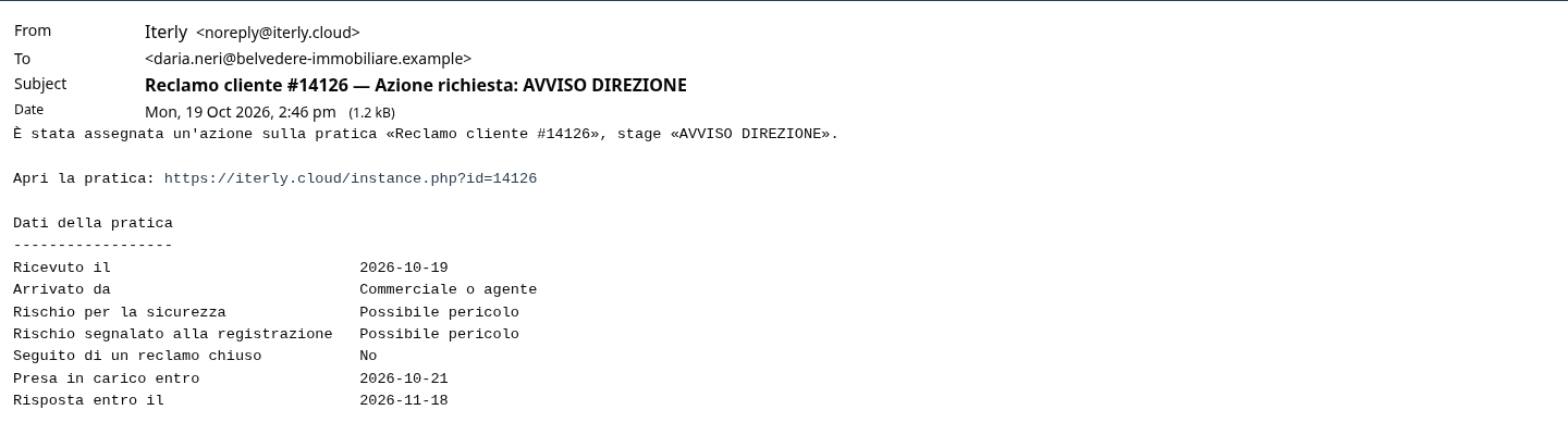 L'email di AVVISO DIREZIONE a Daria Neri con il rischio fra le variabili