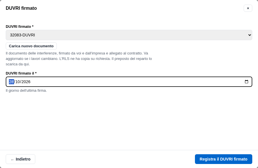La form del DUVRI firmato con il documento e la data