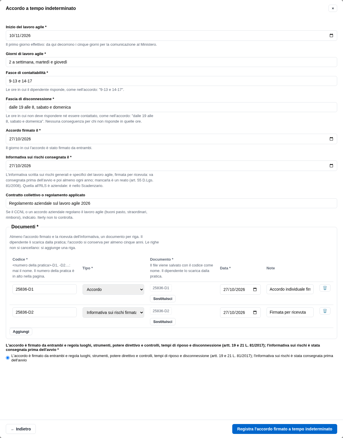 La form dell'accordo con le fasce, le date, i documenti e la conferma