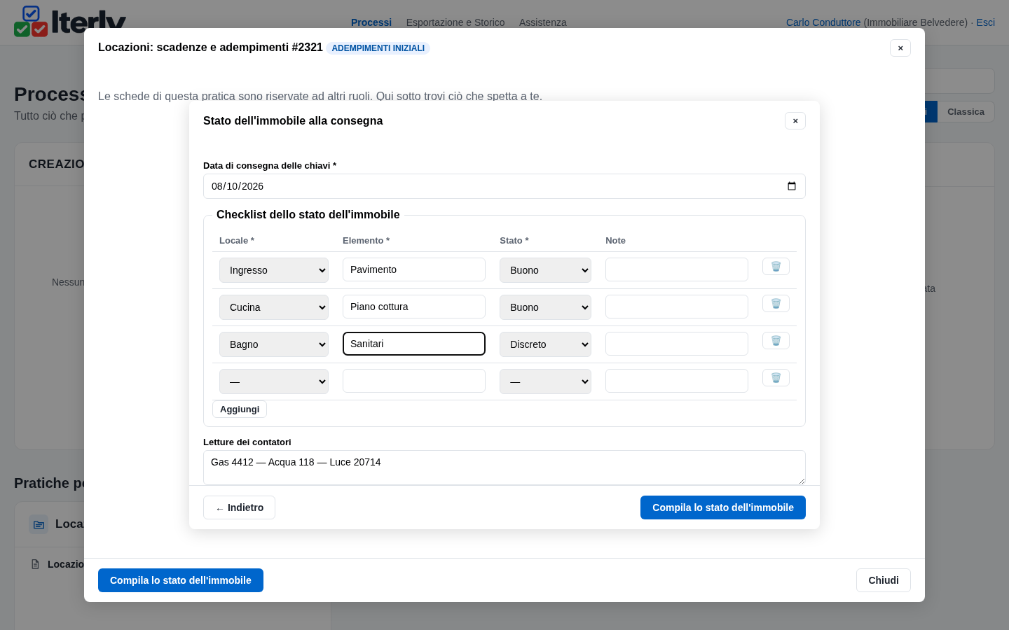 La checklist dello stato dell'immobile con tre righe compilate