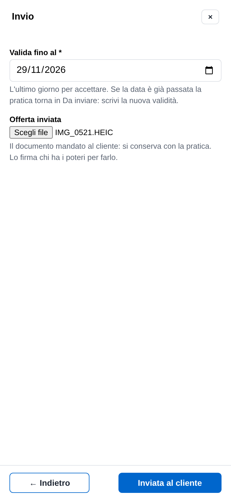 La form Inviata al cliente sul telefono con la foto