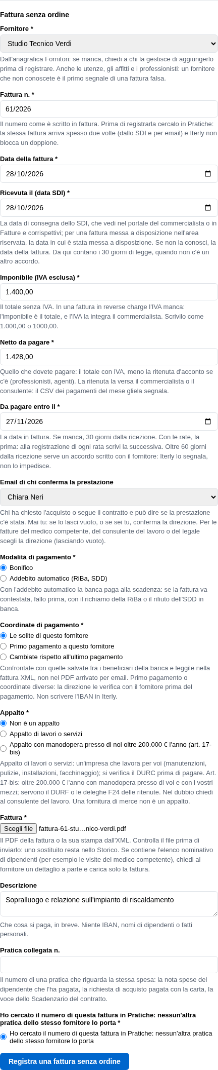 La form della fattura senza ordine