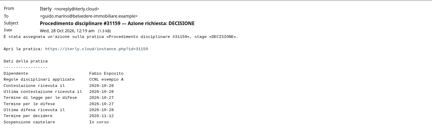 L'email alla direzione con i dati della pratica: nome, regole e date