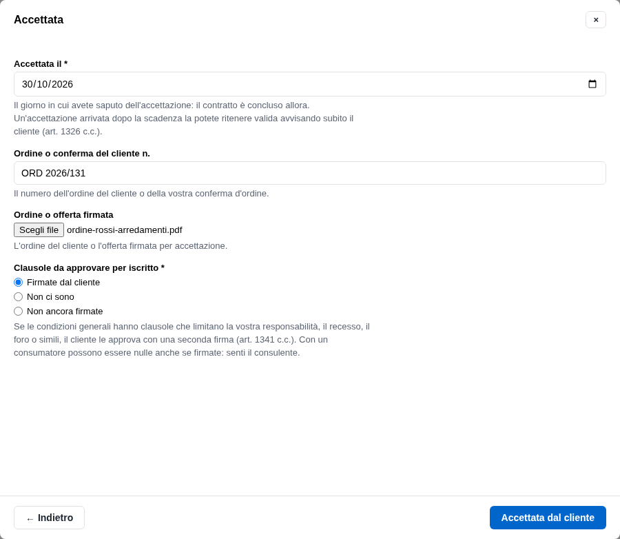 La form dell'accettazione