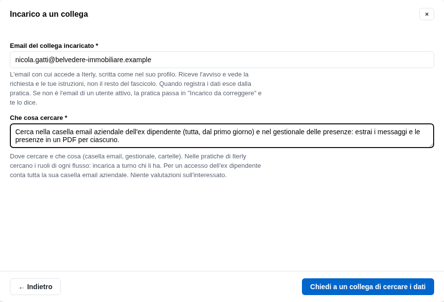 La form dell'incarico con l'email del collega e le istruzioni