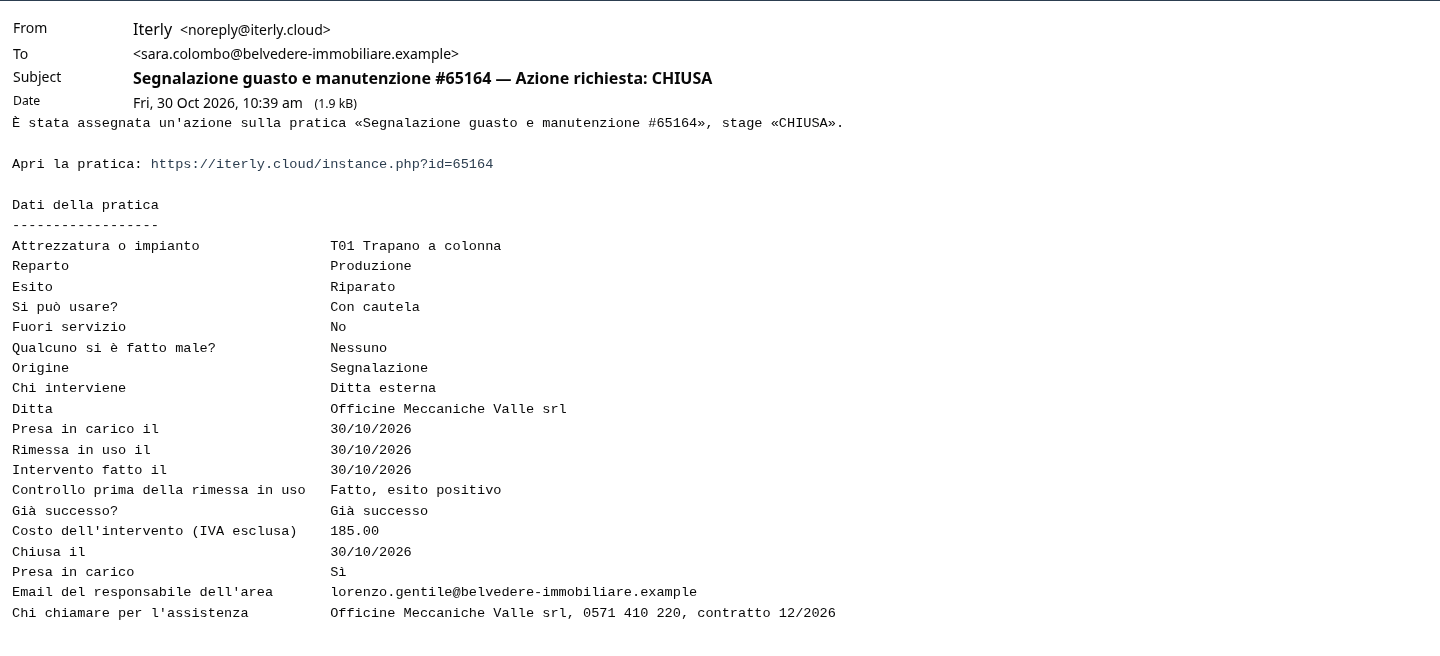 L'email di chiusura a chi ha segnalato