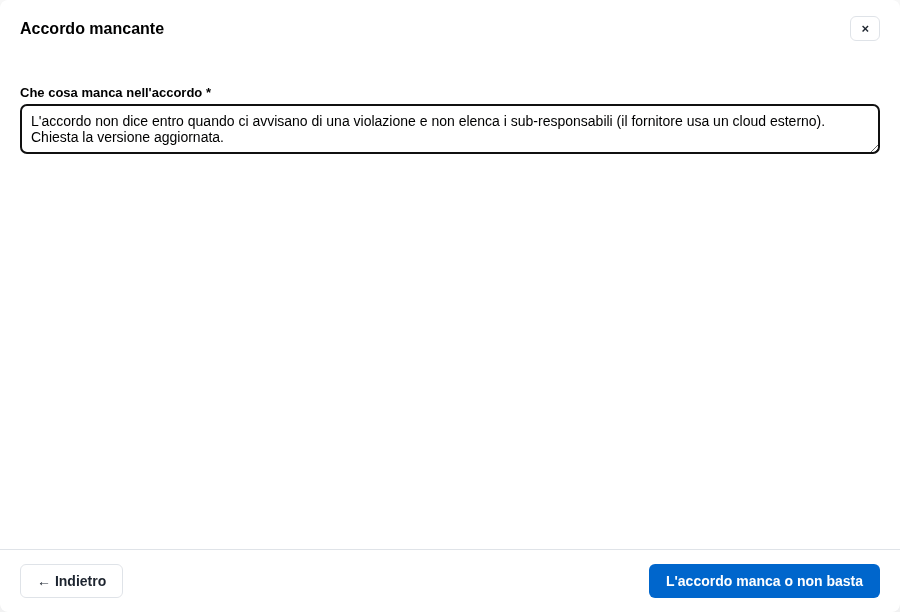 La form L'accordo manca o non basta