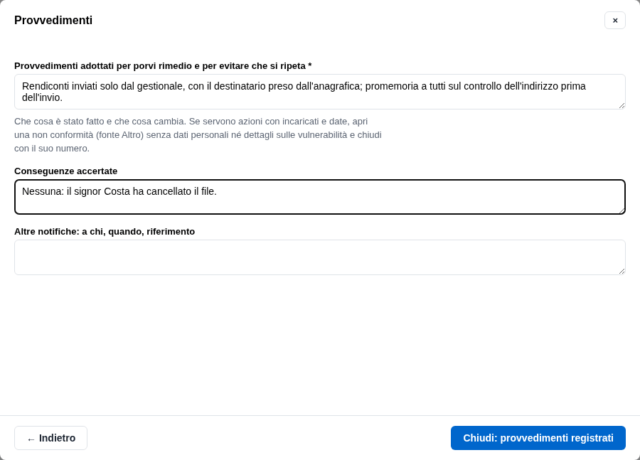 La form dei provvedimenti compilata
