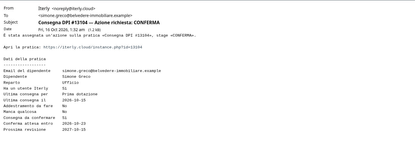 L'email di sollecito al dipendente, uguale a quella d'ingresso
