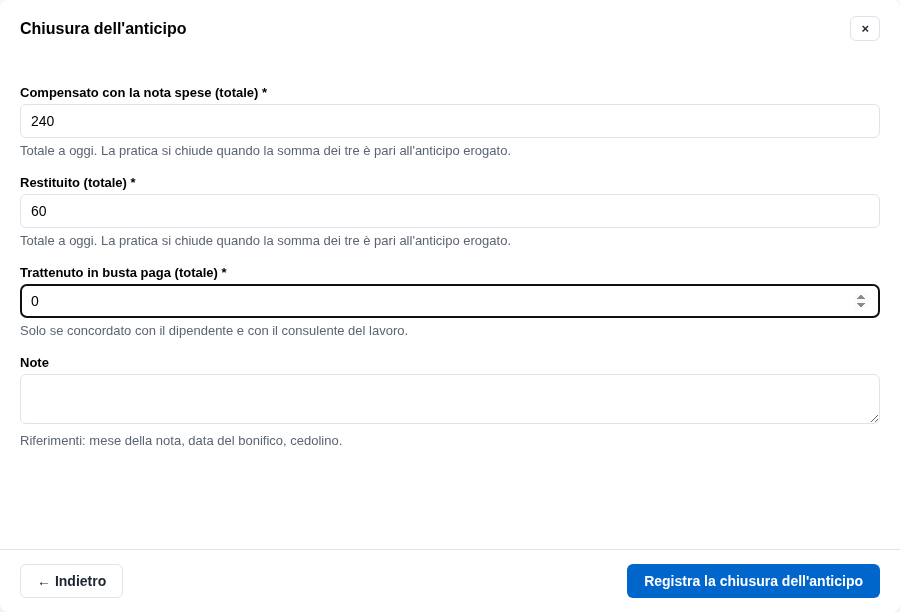 La form di chiusura dell'anticipo con compensato e restituito
