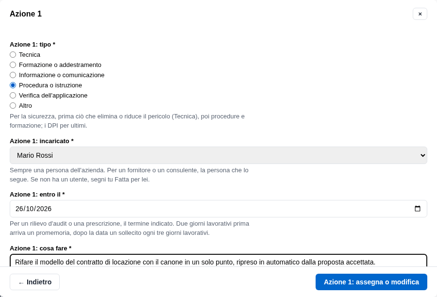 La form dell'azione 1 con tipo, incaricato, data e cosa fare