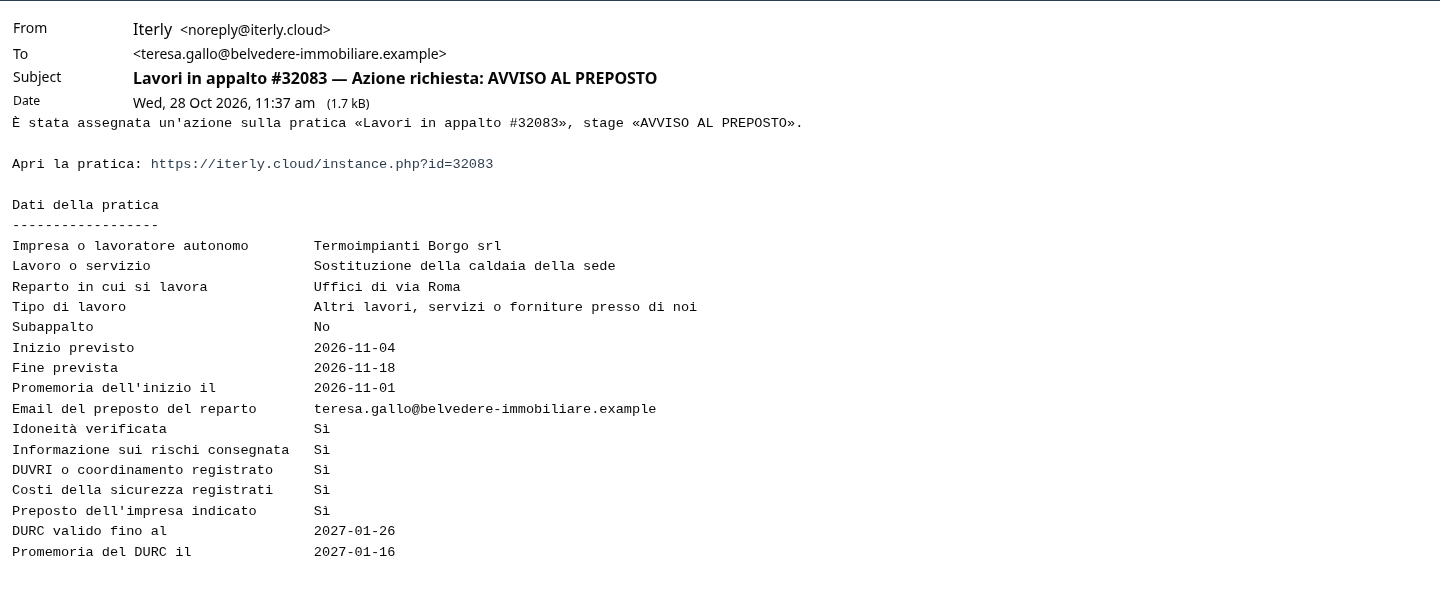 L'email di avviso a Teresa